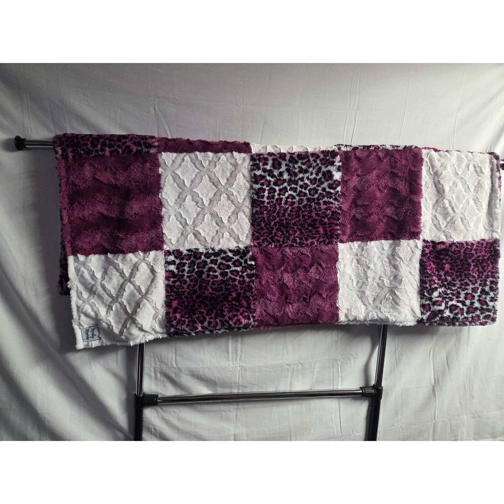 Minky Mama Patchwork Minky Blanket 46x57 Purple‎ White Leopard Plush Throw Soft